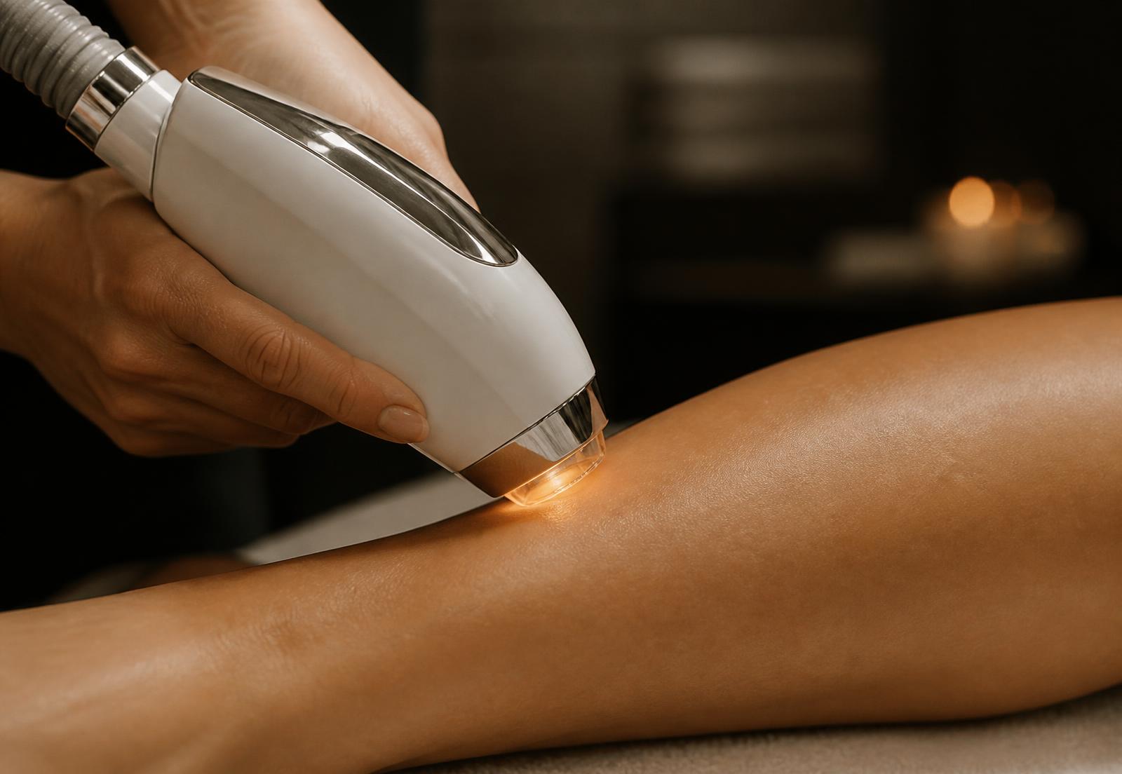 Pièce à main laser professionnelle appliquée sur la peau lisse d'une jambe